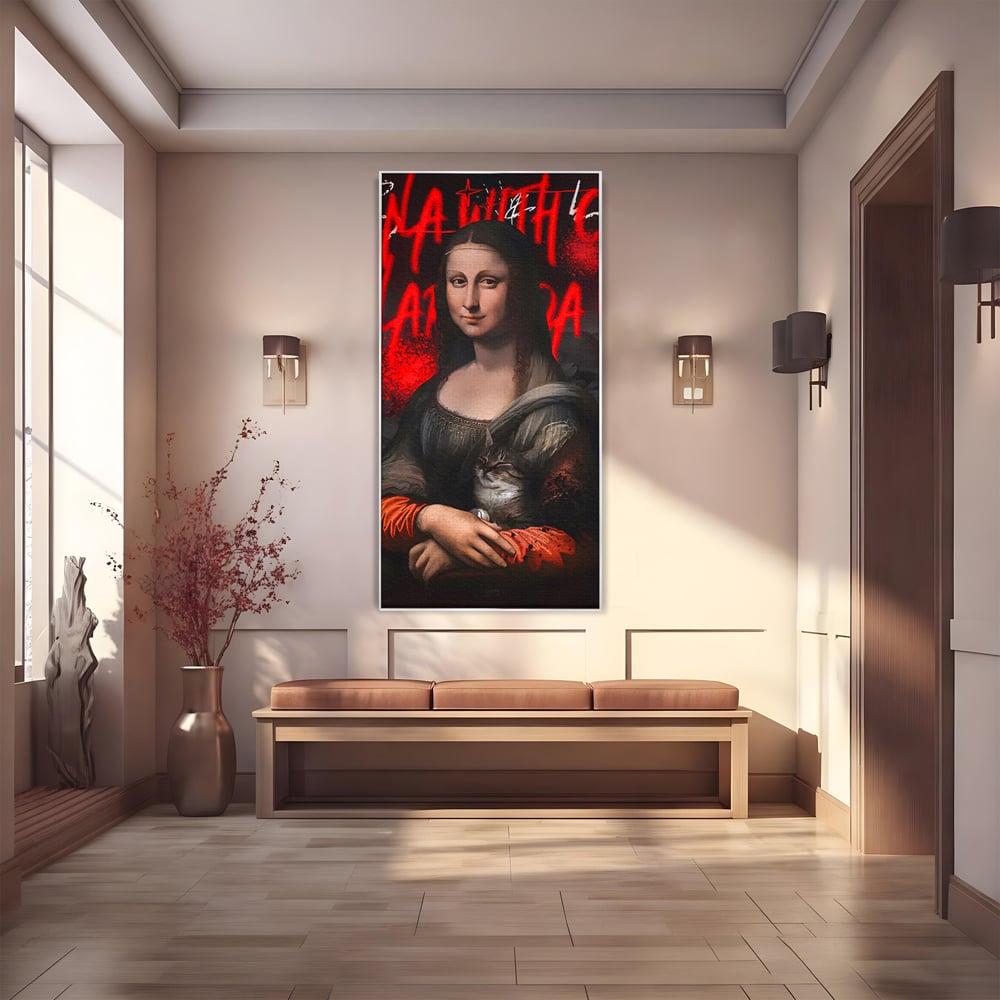 Tablou canvas cu tablou canvas cu mona lisa si o pisica, in rama de aluminiu argintiu